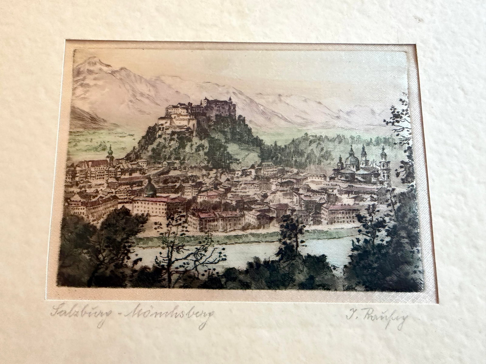 1950s Vintage Hand-Colored Signed Etching of Salzburg Austria by Josef Felsberger - 2
