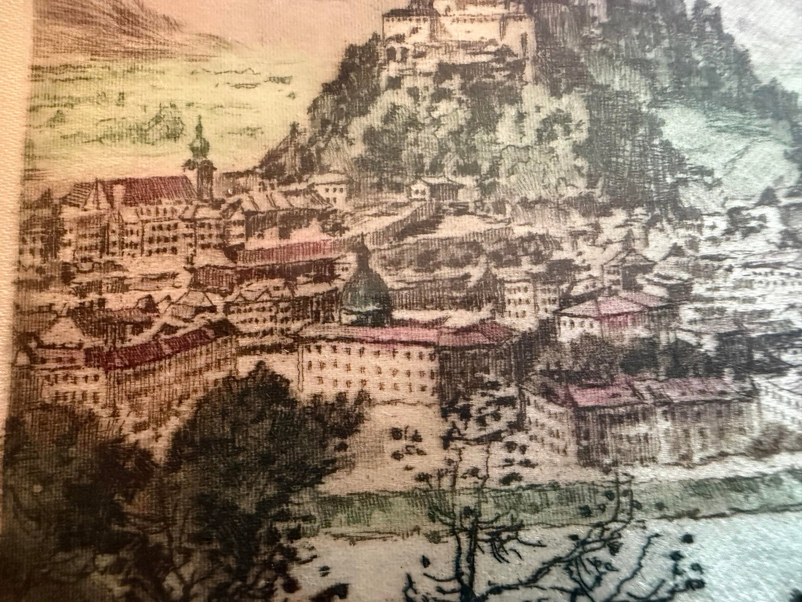1950s Vintage Hand-Colored Signed Etching of Salzburg Austria by Josef Felsberger - 6