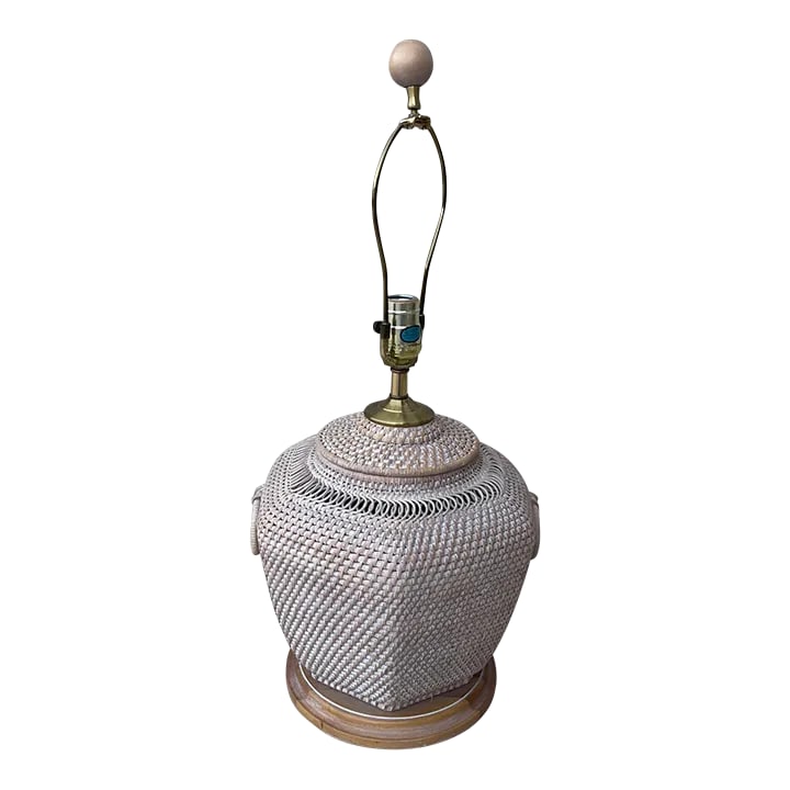 1980s Asian Hexagon Woven Rattan Table Lamp: Vintage Asian Hexagon Woven Rattan Table Lamp. Beautiful whitewash look with wooden base and brass hardware. Great for the boho vibe. 11in diameter x 16in h 8.5in base Condition: Alterations: Original