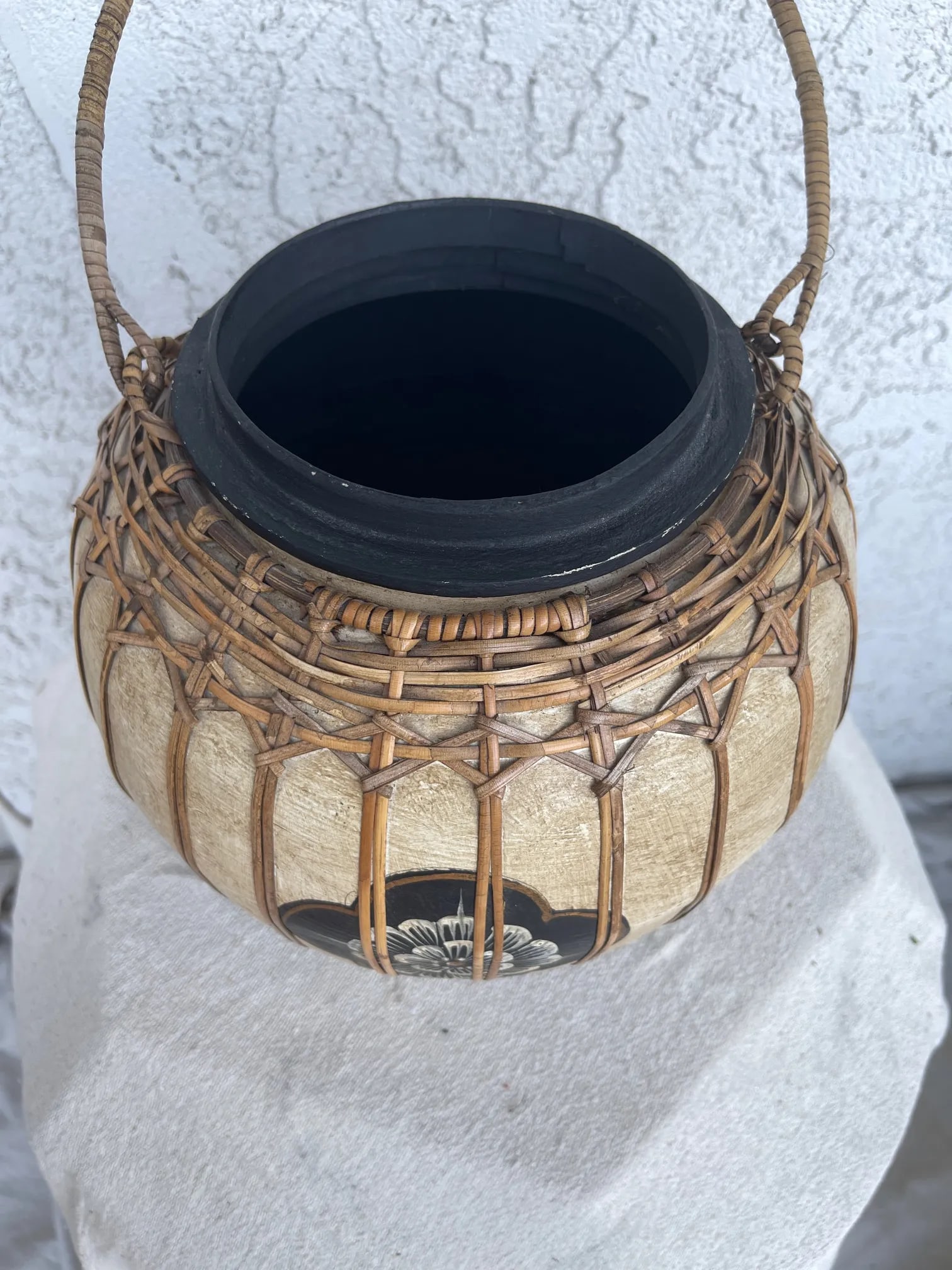Vintage Asian Paper Mache Rattan Wrapped Container With Handle - 3