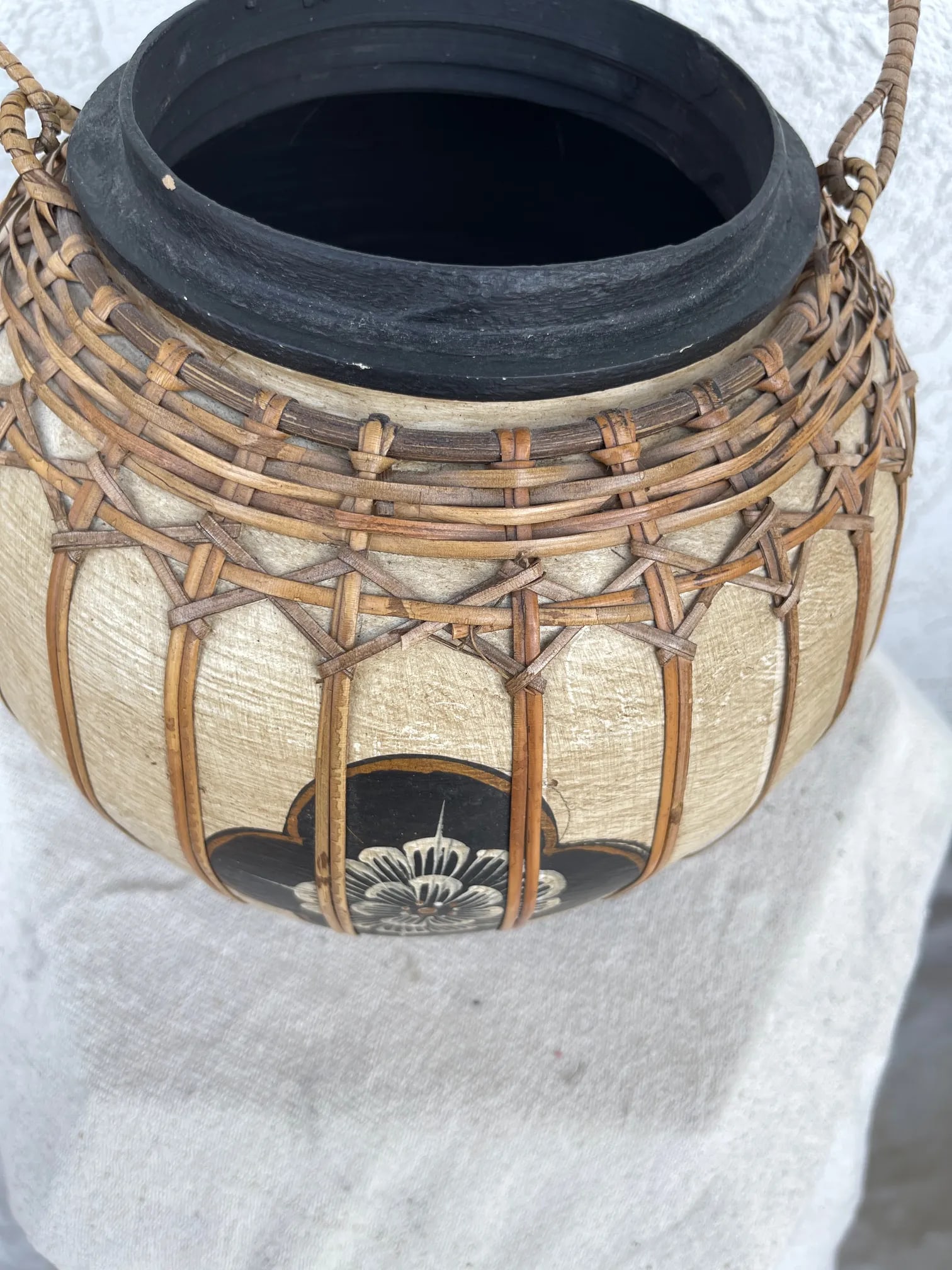 Vintage Asian Paper Mache Rattan Wrapped Container With Handle - 4