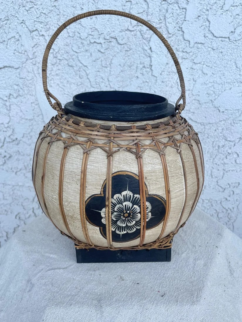 Vintage Asian Paper Mache Rattan Wrapped Container With Handle - 6