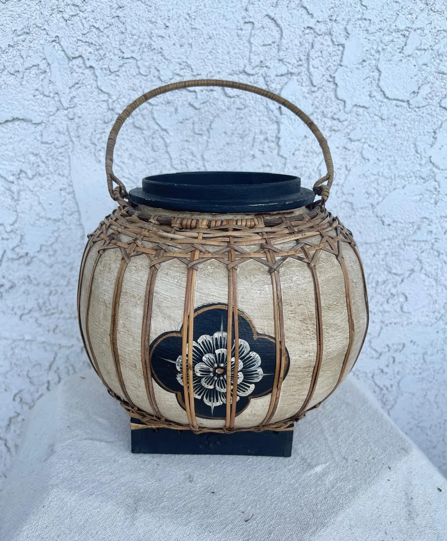 Vintage Asian Paper Mache Rattan Wrapped Container With Handle - 8