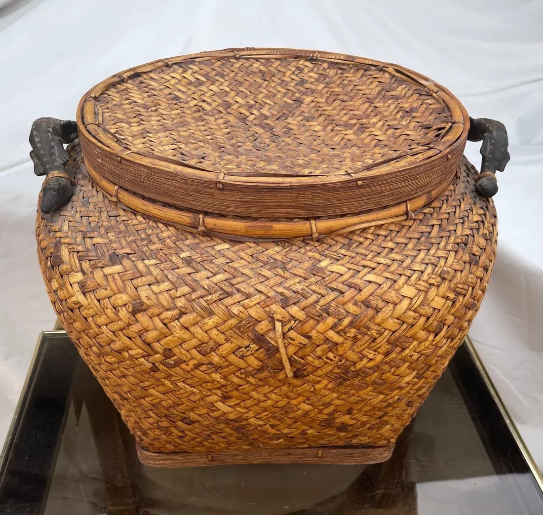 Vintage Rosenthal Netter Woven Rattan Lidded Basket W/ Carved Croc Handles - 11
