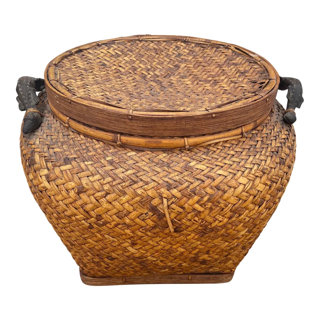 Vintage Rosenthal Netter Woven Rattan Lidded Basket W/ Carved Croc Handles: Vintage Rosenthal Netter Woven Rattan Lidded Basket with Carved Wood Croc handles in a caramel color. A great basket for display. 15in h x 18in d x 18w Make sure to follow me, I have flash sales for m