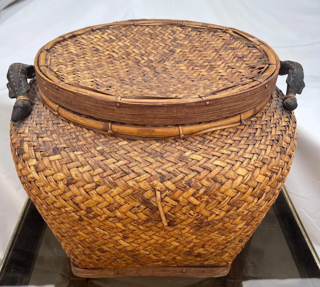 Vintage Rosenthal Netter Woven Rattan Lidded Basket W/ Carved Croc Handles - 4