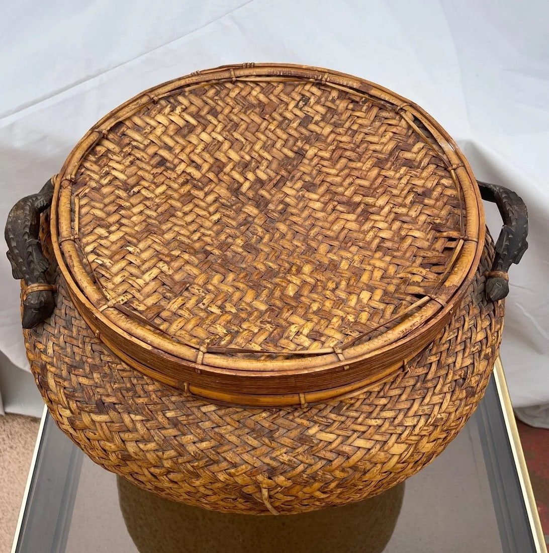Vintage Rosenthal Netter Woven Rattan Lidded Basket W/ Carved Croc Handles - 5