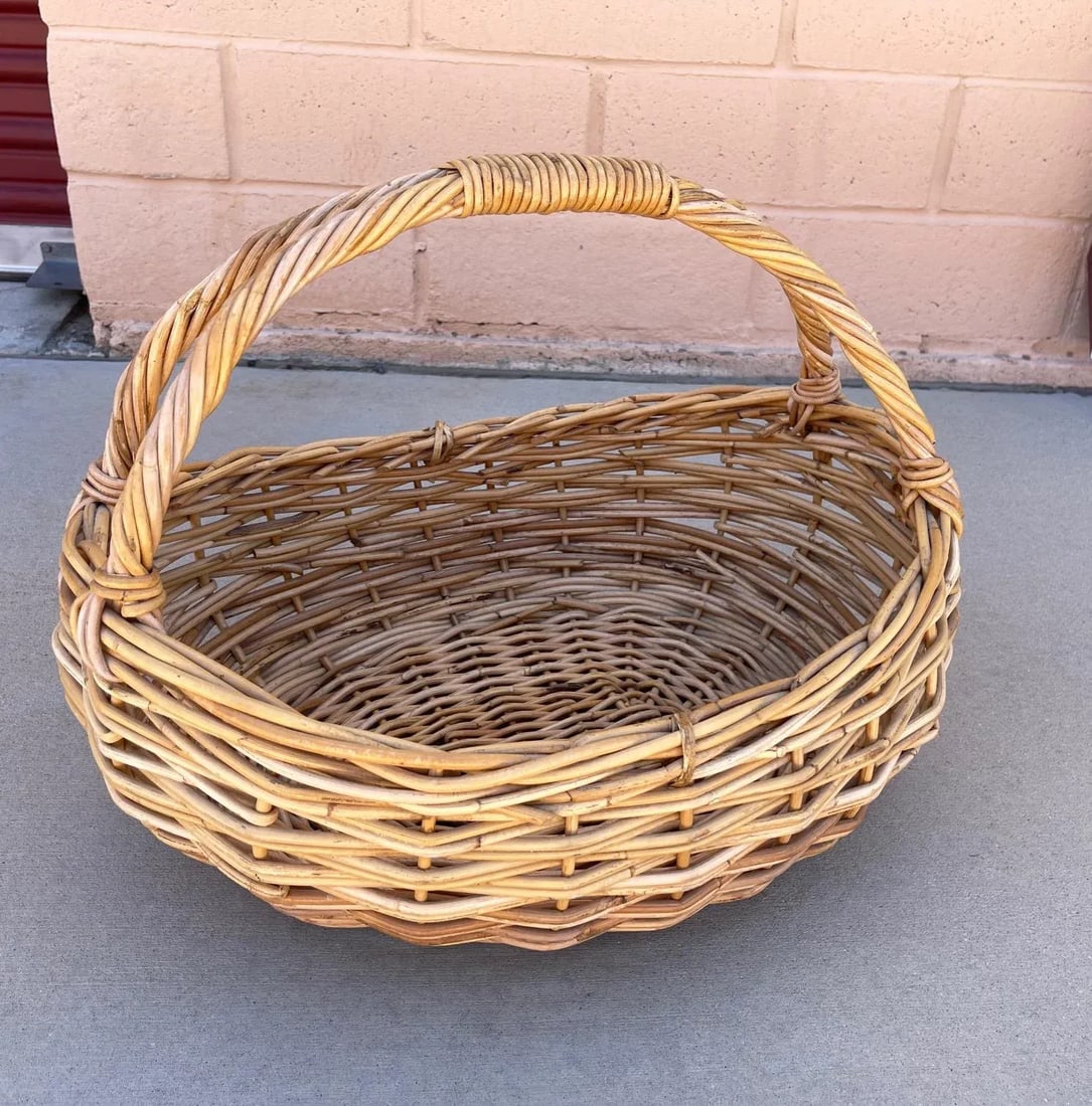 Large Rustic European Woven Rattan/Wicker Gathering Basket - 2