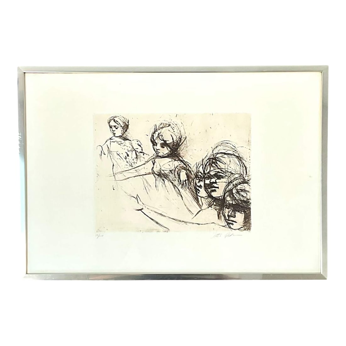 Ruth Gikow, (1913-1982), Limited Edition Etching, Signed: Ruth Gikow (1915-1982) etching "Young Dancers" is numbered 56/100 and signed in pencil at the lower right. The piece is presented under plexiglass with a silver metal frame. sight, 11.75" x 9". Condit