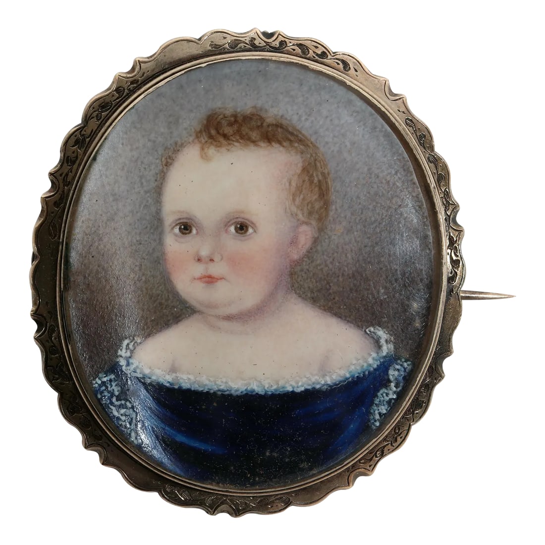 American Portrait Miniature of a Young Girl: American Portrait Miniature of a Child, Early 19th Century The oval portrait miniature of an infant with short curly hair in a blue dress with frilly white lace to the neckline and at the end of the s