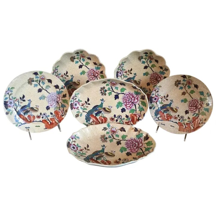 Early 19th Century Spode Chinese Peacock & Peony Dessert Dishes & Plates - Set of 6 - 10