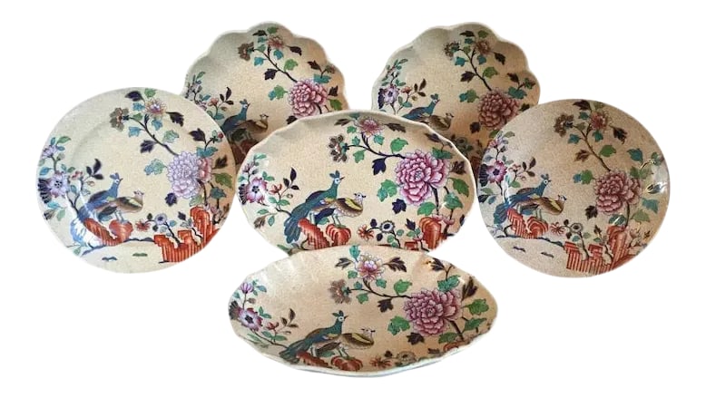 Early 19th Century Spode Chinese Peacock & Peony Dessert Dishes & Plates - Set of 6 (1 of 10)