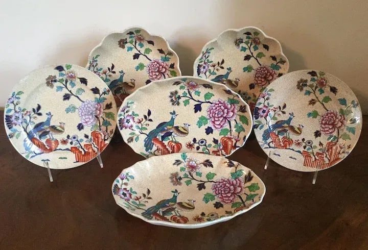 Early 19th Century Spode Chinese Peacock & Peony Dessert Dishes & Plates - Set of 6 - 2
