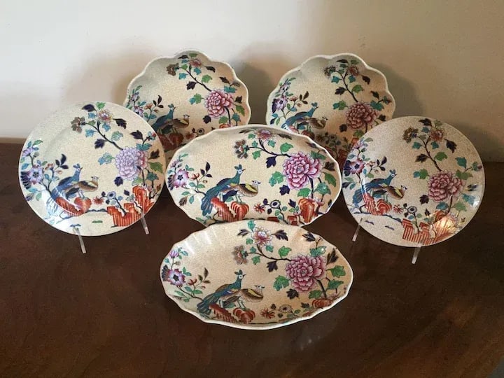 Early 19th Century Spode Chinese Peacock & Peony Dessert Dishes & Plates - Set of 6 - 3