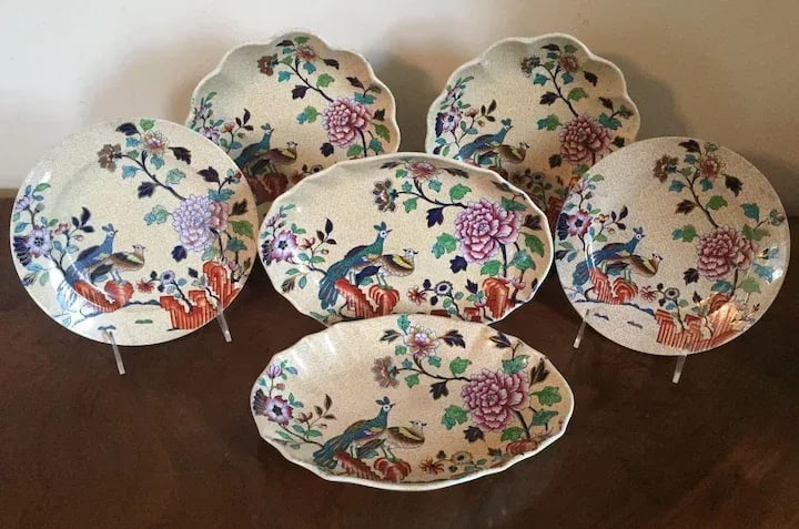 Early 19th Century Spode Chinese Peacock & Peony Dessert Dishes & Plates - Set of 6 - 7
