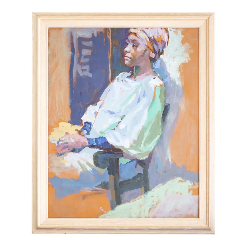 Large Impressionist Portrait Oil Painting by Gerald Spencer: This portrait oil painting was created by Gerald (Gerry) Spencer in the late 20th century, and purchased in the '80s by a close friend of Gerald's, who lived in an intentional community with the artis