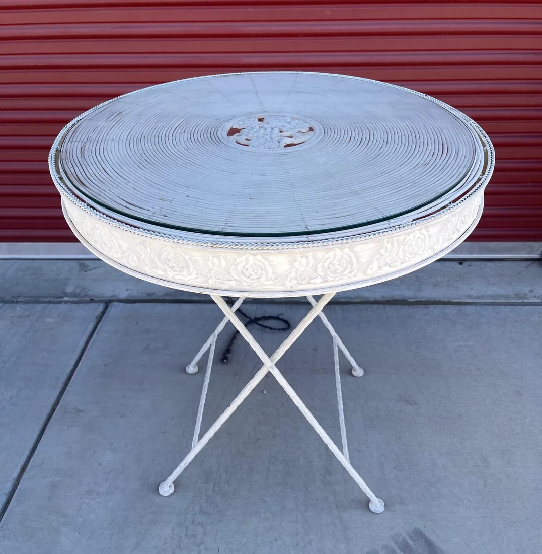 Vintage Wrought Iron Glass Top & Pencil Reed Garden Table - 6