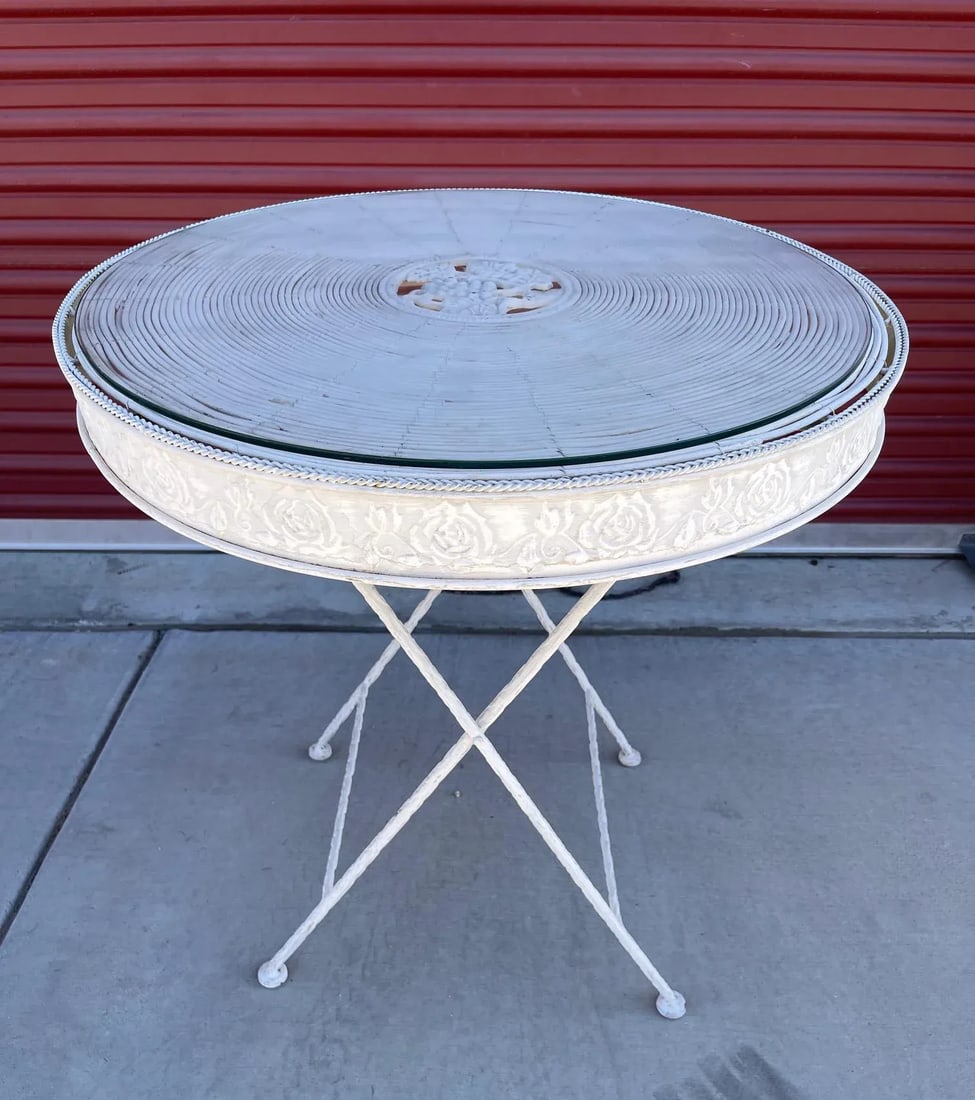 Vintage Wrought Iron Glass Top & Pencil Reed Garden Table - 9