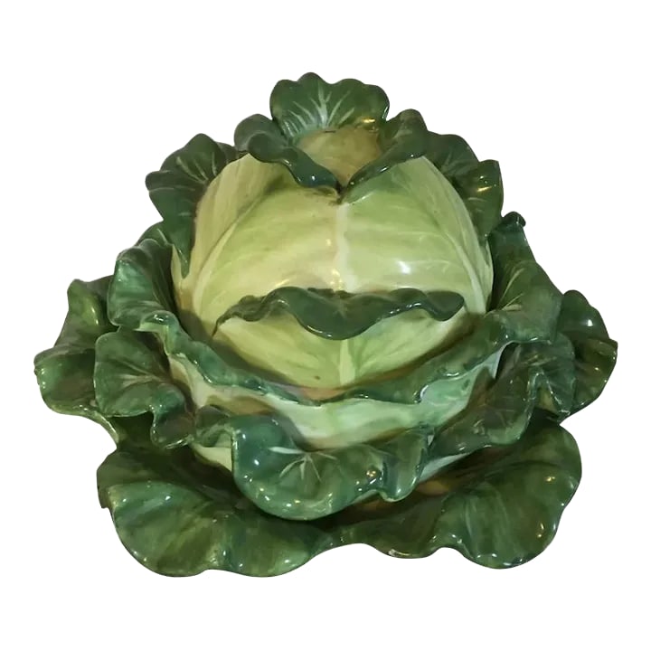 Antique 19th Century English Coalport Porcelain Cabbage Form Tureen Box, Cover and Under Plate: A lovely naturalistically molded Coalport lettuce or cabbage form tureen and cover with under plate. Painted in shades of bright green. Under plate measures 9" across; cabbage head measures 7 3/4" acr