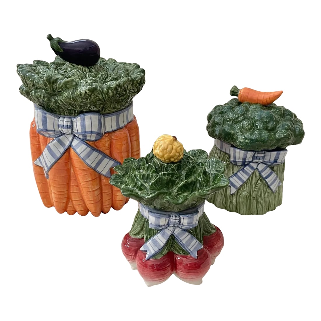 Fitz & Floyd Vegetable Garden Bouquet Canister Set: Fitz & Floyd Vegetable Garden Bouquet Canister Set, Large carrots, broccoli, and radish. Set of 3. Fun whimsical set to display in the kitchen. Large-11in h x 7.5in w Med-8in h x 6.5in w Small-7in h