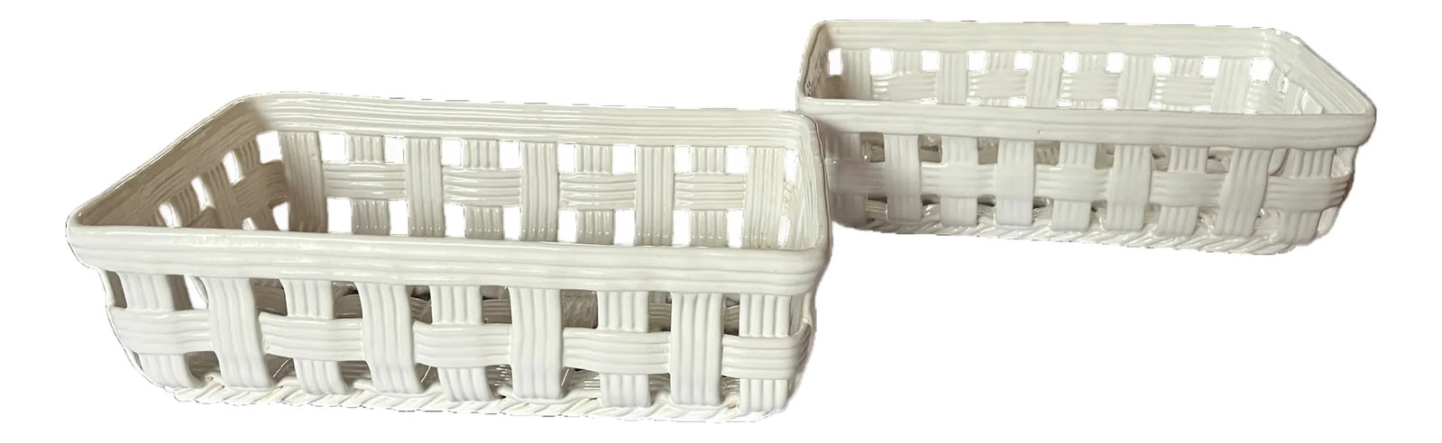 1980s Handmade Italian Ceramic Basket Weave Serving Trays by Neuwirth - a Pair: Charming pair of handmade ceramic basket weave trays created exclusively for Neuwirth, featuring beautifully sculpted latticework and softly rounded rectangular forms evocative of traditional Italian 