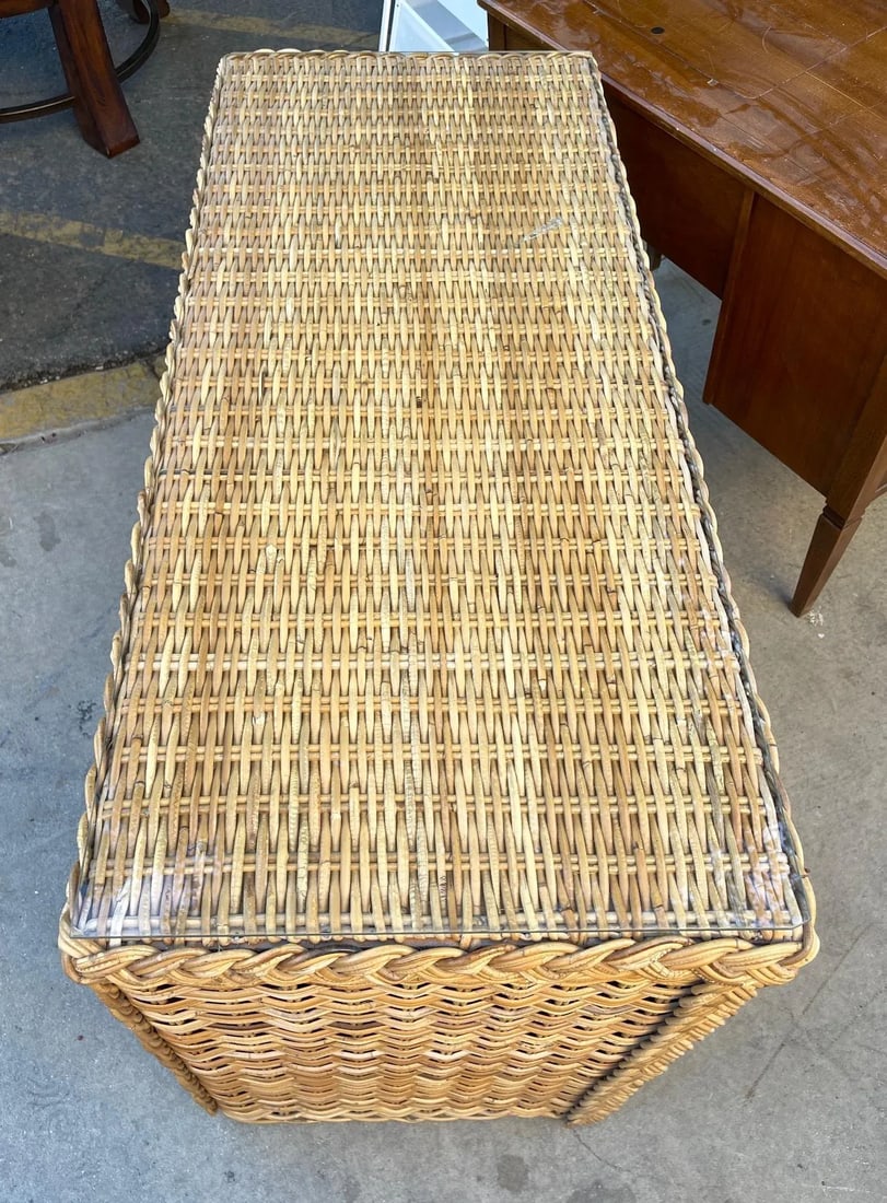 Mid-Century Michael Taylor Style Thick Woven Rattan 3 Drawer Dresser with Glass Top - 2