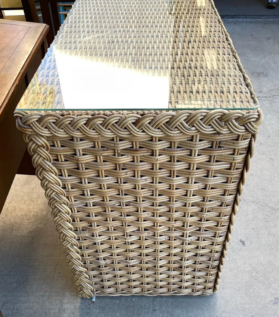 Mid-Century Michael Taylor Style Thick Woven Rattan 3 Drawer Dresser with Glass Top - 3