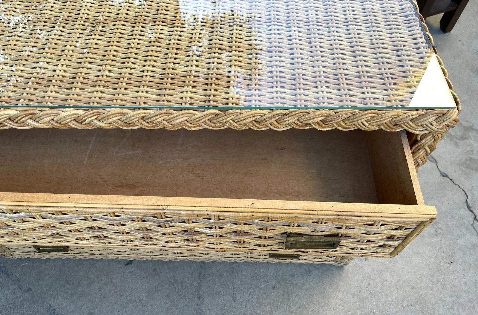Mid-Century Michael Taylor Style Thick Woven Rattan 3 Drawer Dresser with Glass Top - 5