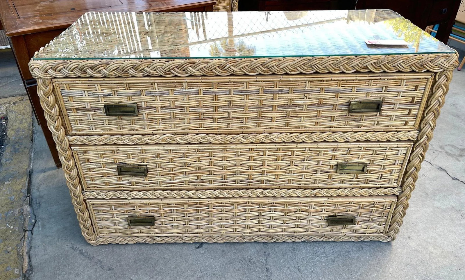 Mid-Century Michael Taylor Style Thick Woven Rattan 3 Drawer Dresser with Glass Top - 6