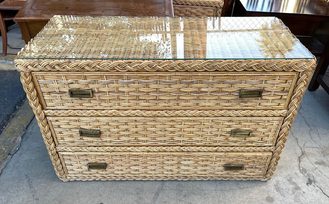Mid-Century Michael Taylor Style Thick Woven Rattan 3 Drawer Dresser with Glass Top - 7