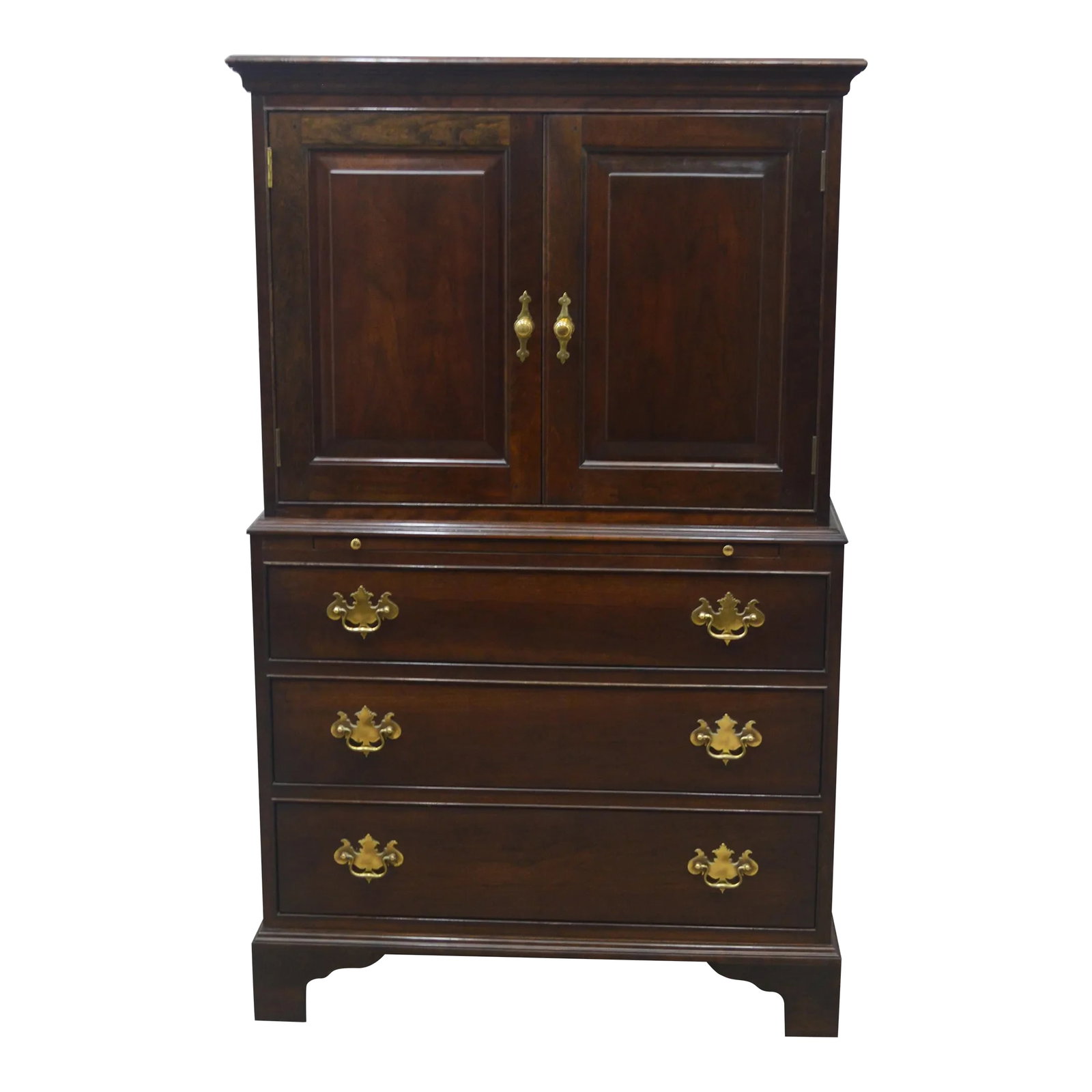Stickley Solid Cherry Chippendale Chest Wardrobe: Cherry Chest by Stickley. Store item # 171. It features dovetailed drawers, bracket feet and brass hardware. Condition: Alterations: Original Condition Unaltered Imperfections: Some Imperfections Cond