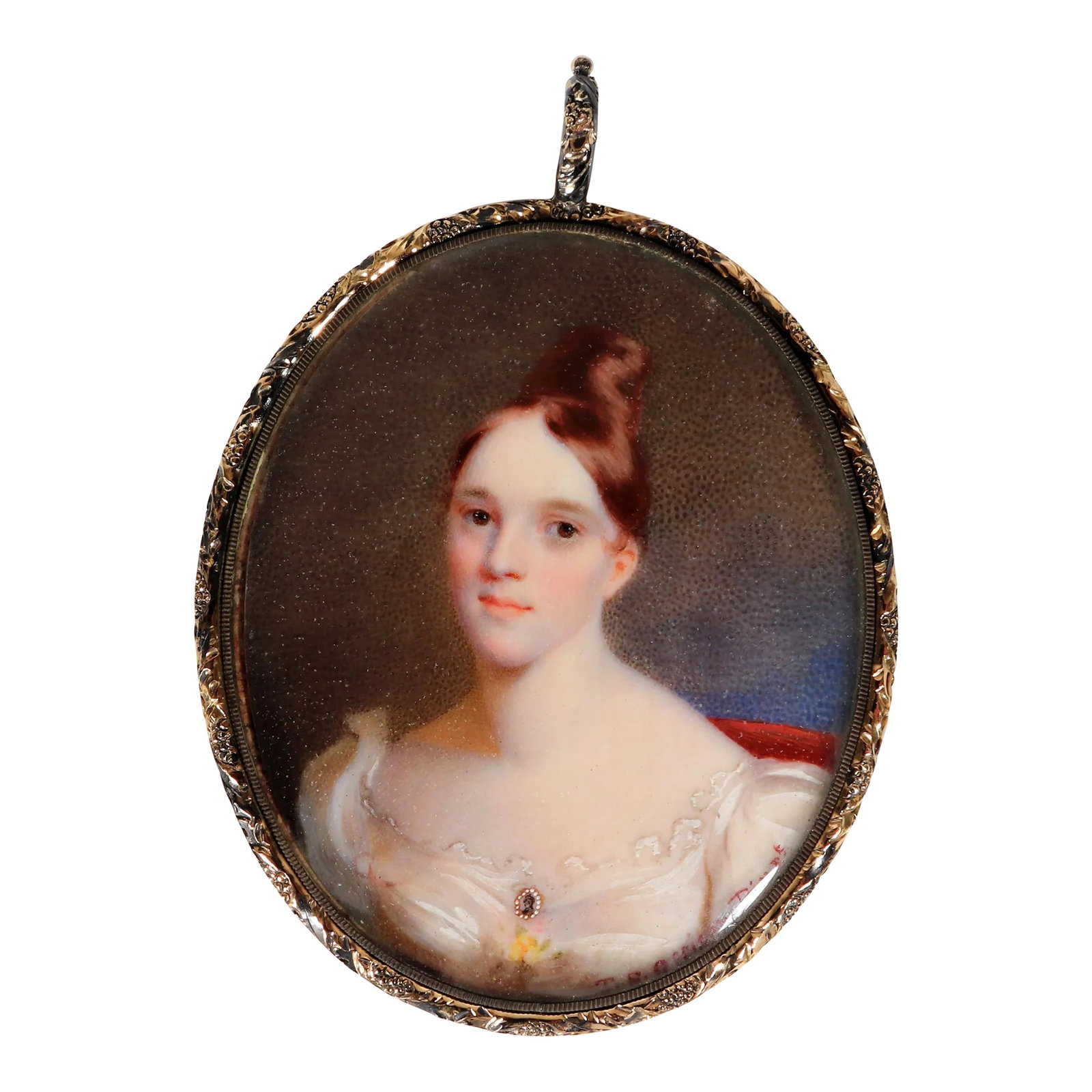 American Portrait Miniature Portrait of a Woman in a White Gown, Signed by Thomas Story Officer: American Portrait Miniature By Thomas Story Officer, Woman in a White Gown, Signed "T.S. Officer, Pinxt", 1830s The American portrait miniature signed by Thomas Story Officer depicts a beautiful