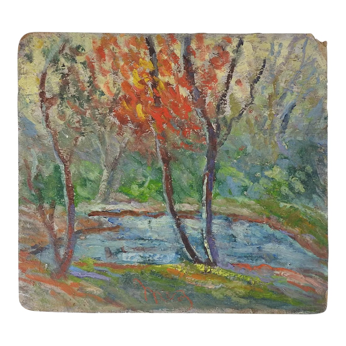 Vintage Plein Air Impressionist Pond & Autumn Trees Landscape Painting: Vintage plein air oil on artist board impressionist landscape painting of autumn trees and pond. Signed illegibly bottom center, interesting abstract on verso. Unframed, edge and corner wear. Conditio