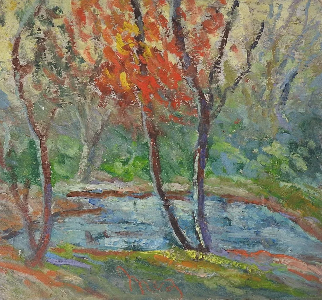 Vintage Plein Air Impressionist Pond & Autumn Trees Landscape Painting - 2