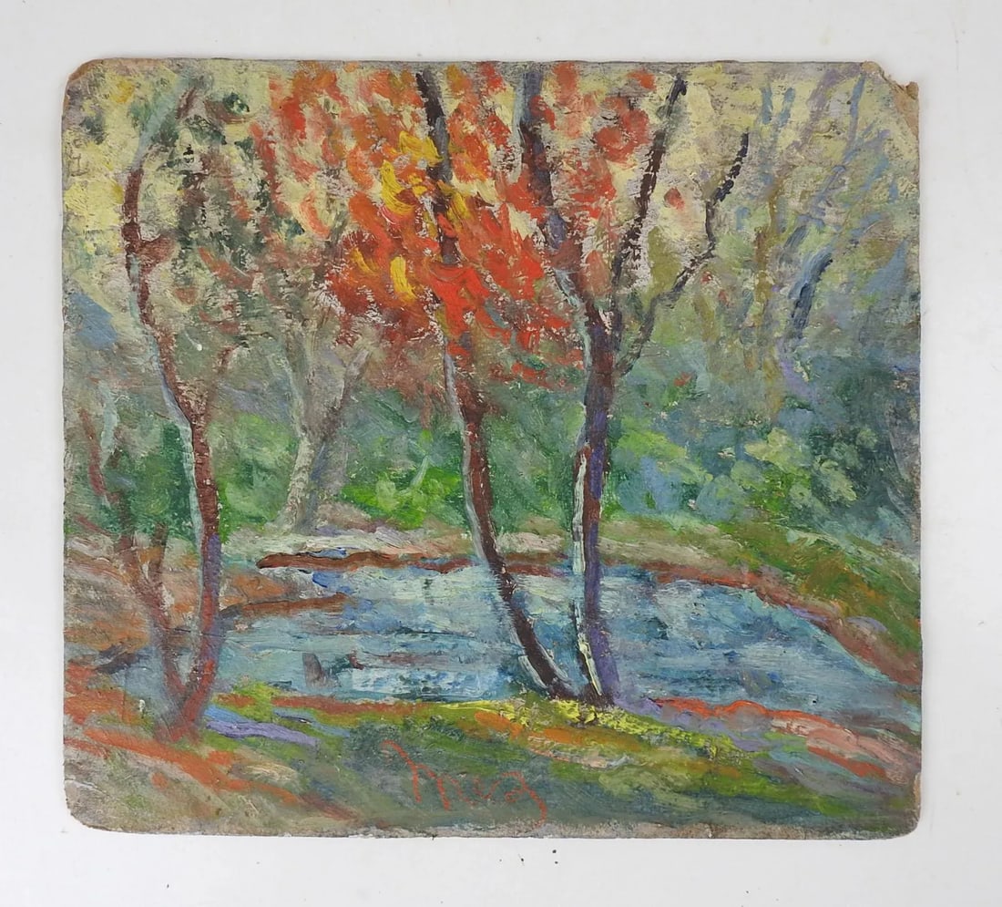 Vintage Plein Air Impressionist Pond & Autumn Trees Landscape Painting - 4