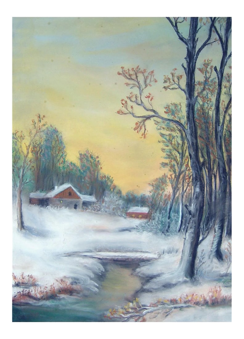1930s Winter Sunrise Pastel on Paper: Winter farm at sunrise pastel on paper, circa 1930's. Unsigned. Unframed. Displayed with double mat, opening size 11.25"H x 8"L. Condition: Alterations: Original Condition Unaltered Imperfections: Som