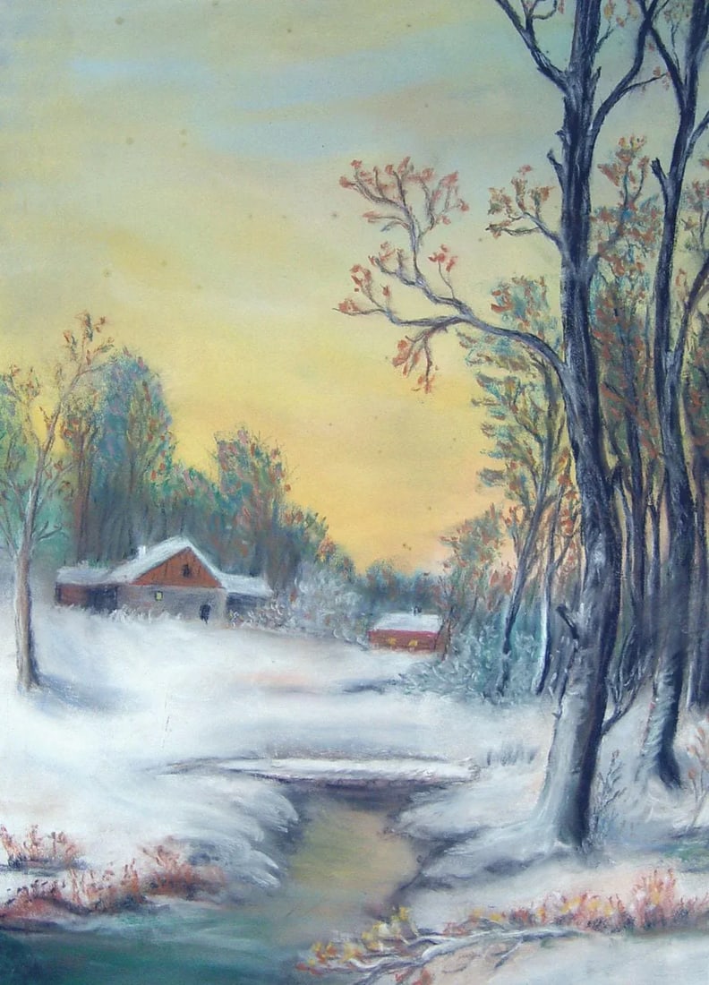 1930s Winter Sunrise Pastel on Paper - 2