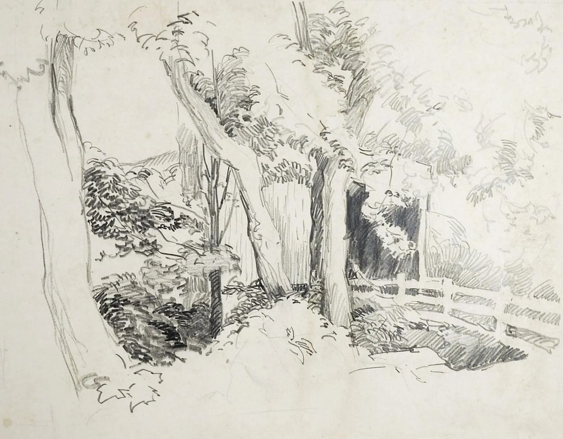Covered Bridge Pencil Study: Covered bridge pencil study by George Baer (1895-1971). Unsigned, from the artist's estate. Unframed. Age wear, edge tears. Condition: Alterations: Original Condition Unaltered Imperfections: Some Imp