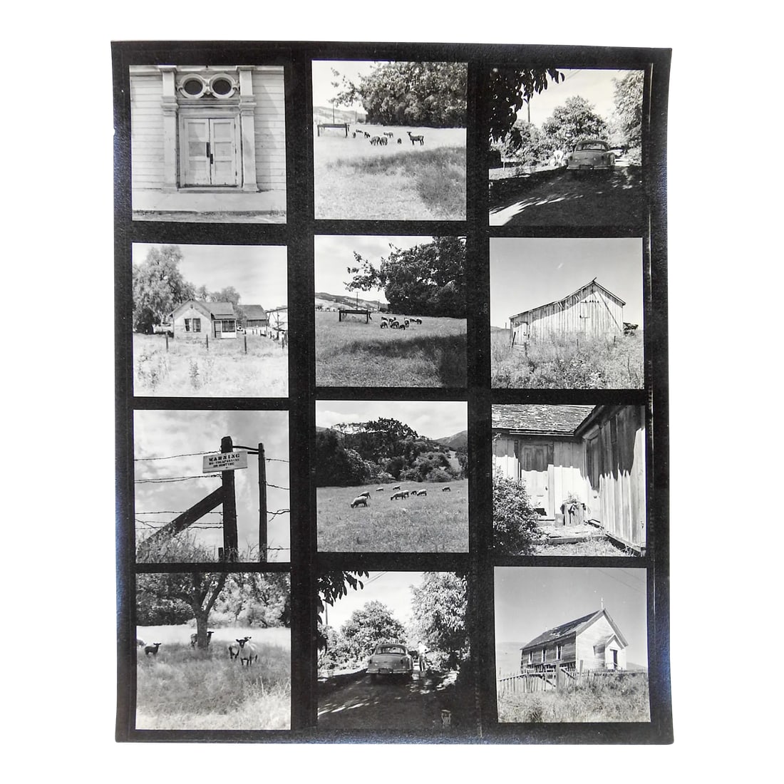 Vintage California Fine Art Photograph Contact Sheet Architecture: Photographers contact sheet of 12 photos circa 1950's. Photographer unknown but very good, Kodak Safety Film. Pictures include old church, farmhouse, barn, sheep and architectural studies. Likely in C