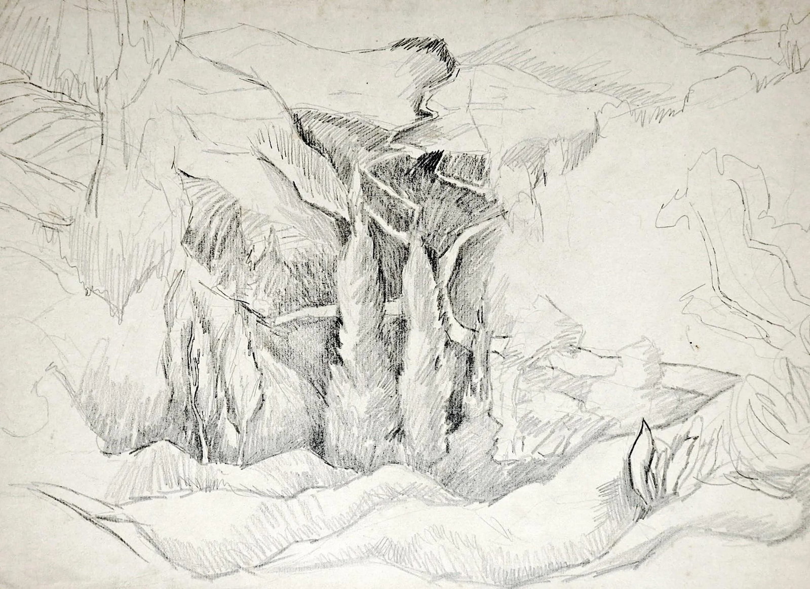 Rugged Landscape Pencil Study by George Baer: Rugged landscape pencil study by George Baer (1895-1971). Unsigned, from the artist's estate. Unframed, age toning, edge wear, corner losses. Condition: Alterations: Original Condition Unaltered