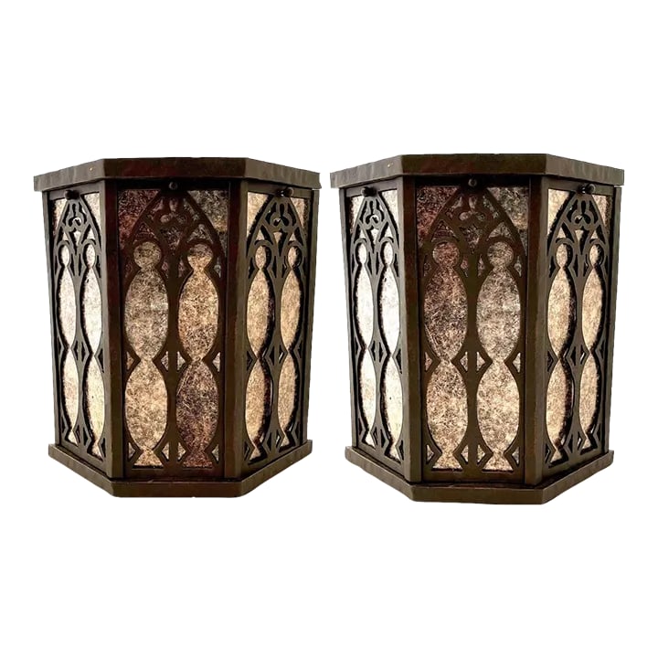 Bespoke Gothic Revival Sconces by Hacienda - Mica-Backed Hand Forged Iron - Pair: This pair of gothic revival sconces were part of a custom order but appear to have never used. Custom crafted by Hacienda Lighting - they are hand forged wrought iron. With each "bay" panel featuring 