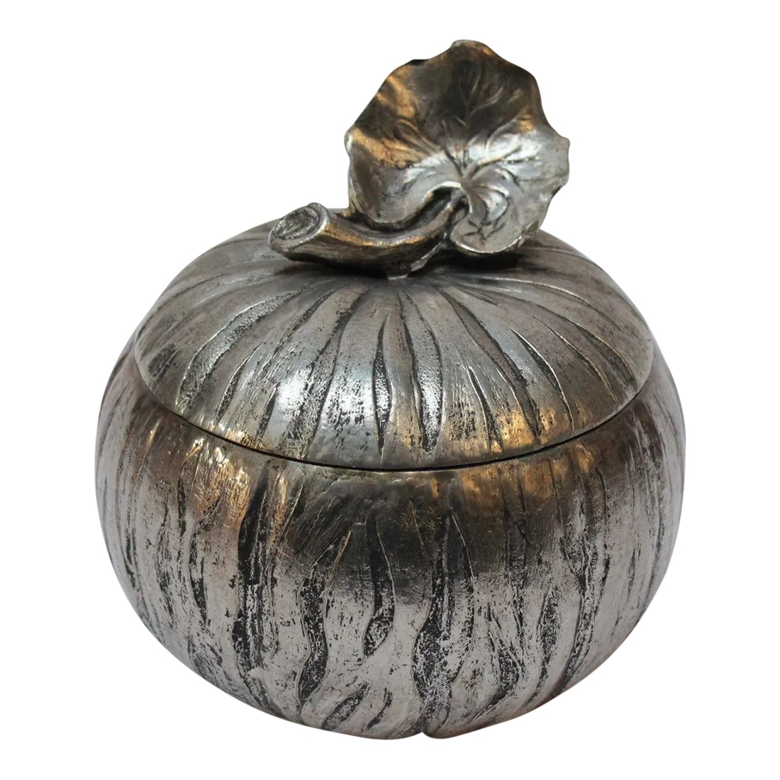 Mauro Manetti Italian Silver-Plated "Pumpkin" Ice Bucket: Vintage "pumpkin" ice bucket designed by Mauro Manetti (ca. 1970, Italy). Crafted from silver-plated cast aluminum with an aluminum interior bucket. Features a heavily textured, sculptural petiole and