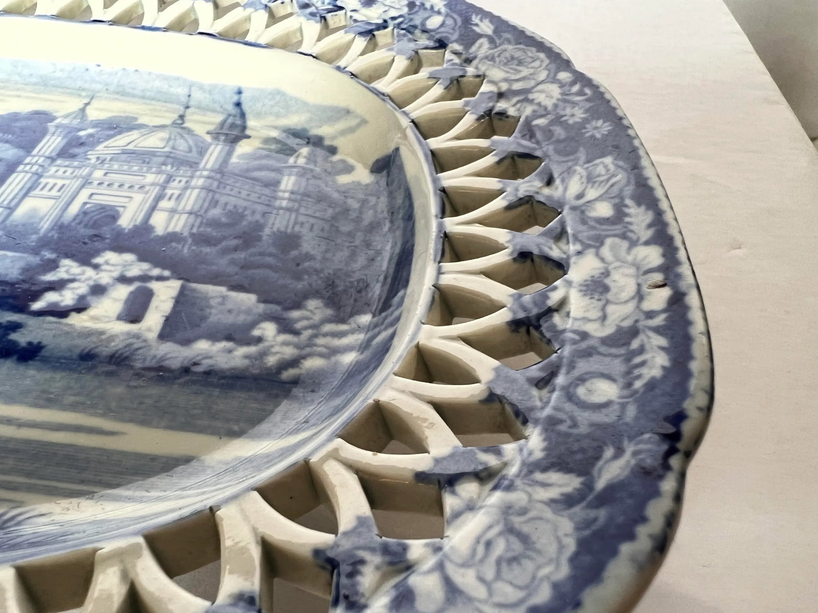 Mid 19th Century Davenport Porcelain aEURoeFisherman & MosqueaEUR Blue & White Reticulated Platters- - 6