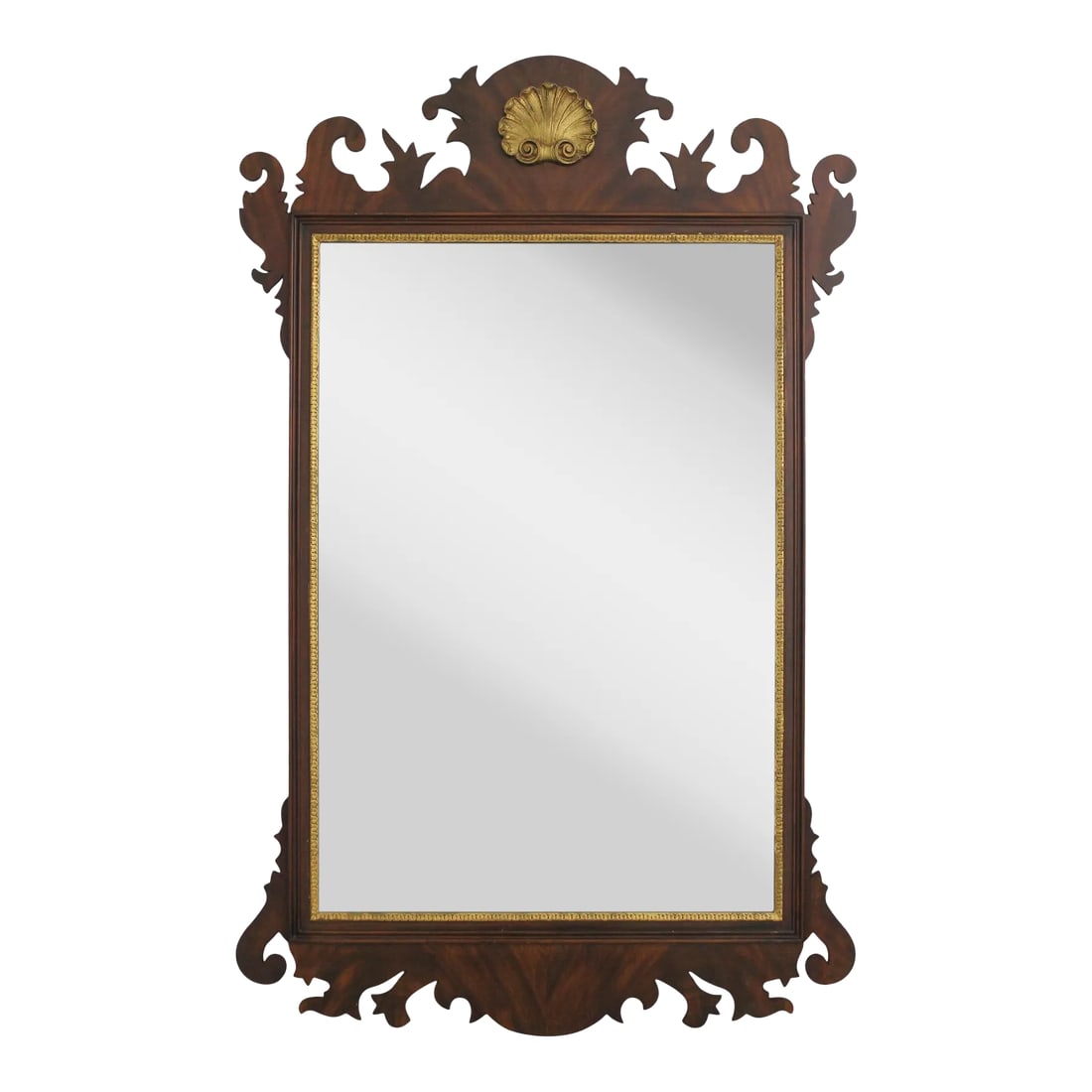 Henkel Harris Chippendale Mahogany Shell Carved Mirror: Age: C.1986 Details: Finish No. 29 H-6 Beveled Glass 18 C. Design Chippendale Style Gold Gilt Trim Condition: Excellent Original Finish & Condition Size: 29w x 1d x 46h Condition: Alterations: