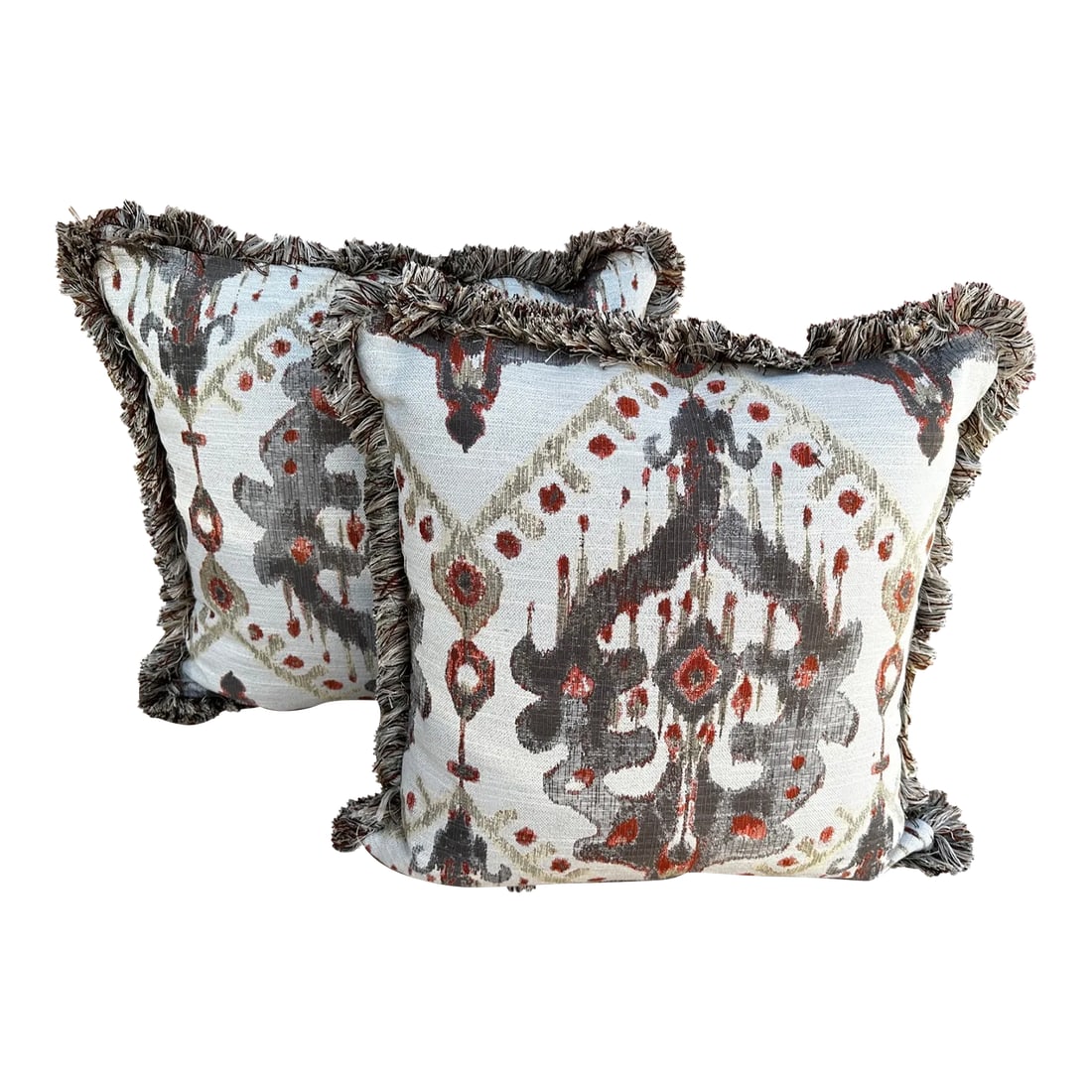 Pair of Bernhardt Ikat Throw Pillows: Pair of Bernhardt Ikat feather filled Throw Pillows in neutral color of greige, burnt orange and tan. Great for a pop of color on a solid color sofa or bedding. 23in x 23 x 8in d Condition: