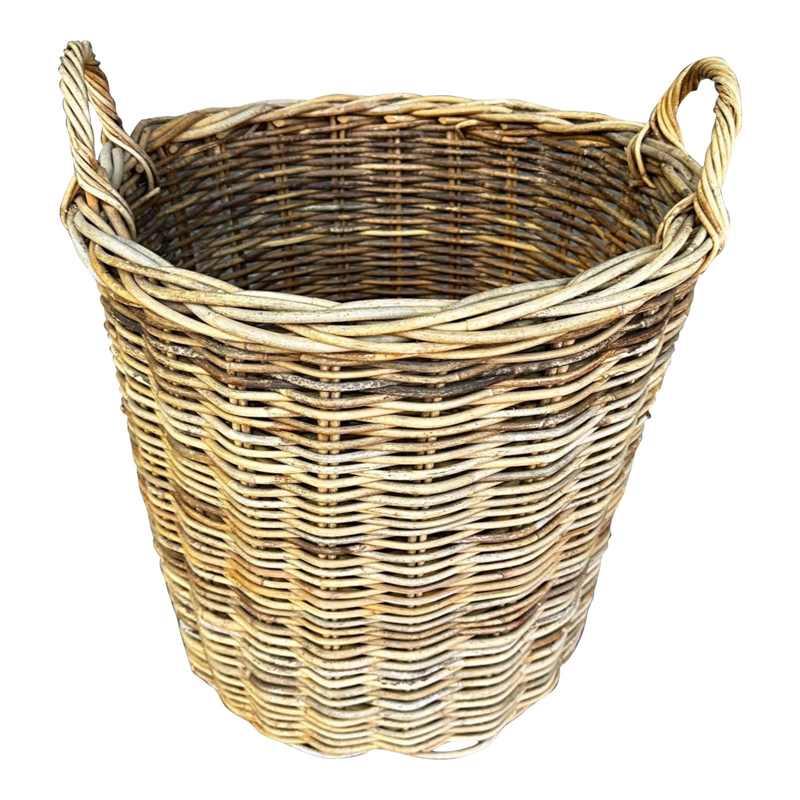 Rustic European Thick Woven Wicker Basket: Rustic European Thick Woven Wicker Basket in Neutral. Perfect for Pet toys. Fits into any style Beach to Boho vibes. 21in h to handle 20in round 15in base 18in h basket Make sure to follow me, I have 