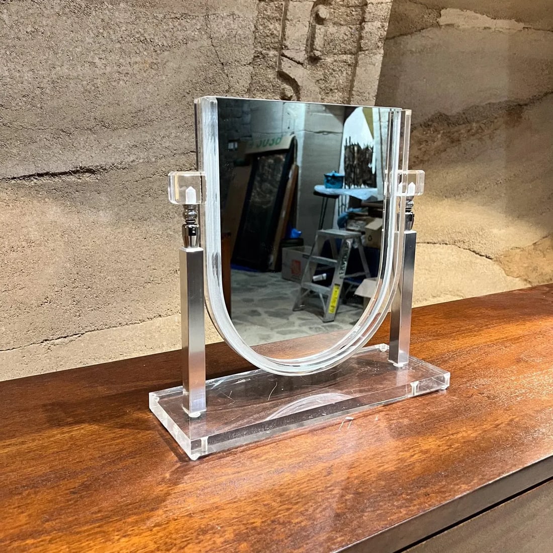1970s Style Charles Hollis Jones Table Vanity Mirror Lucite & Chrome - 10