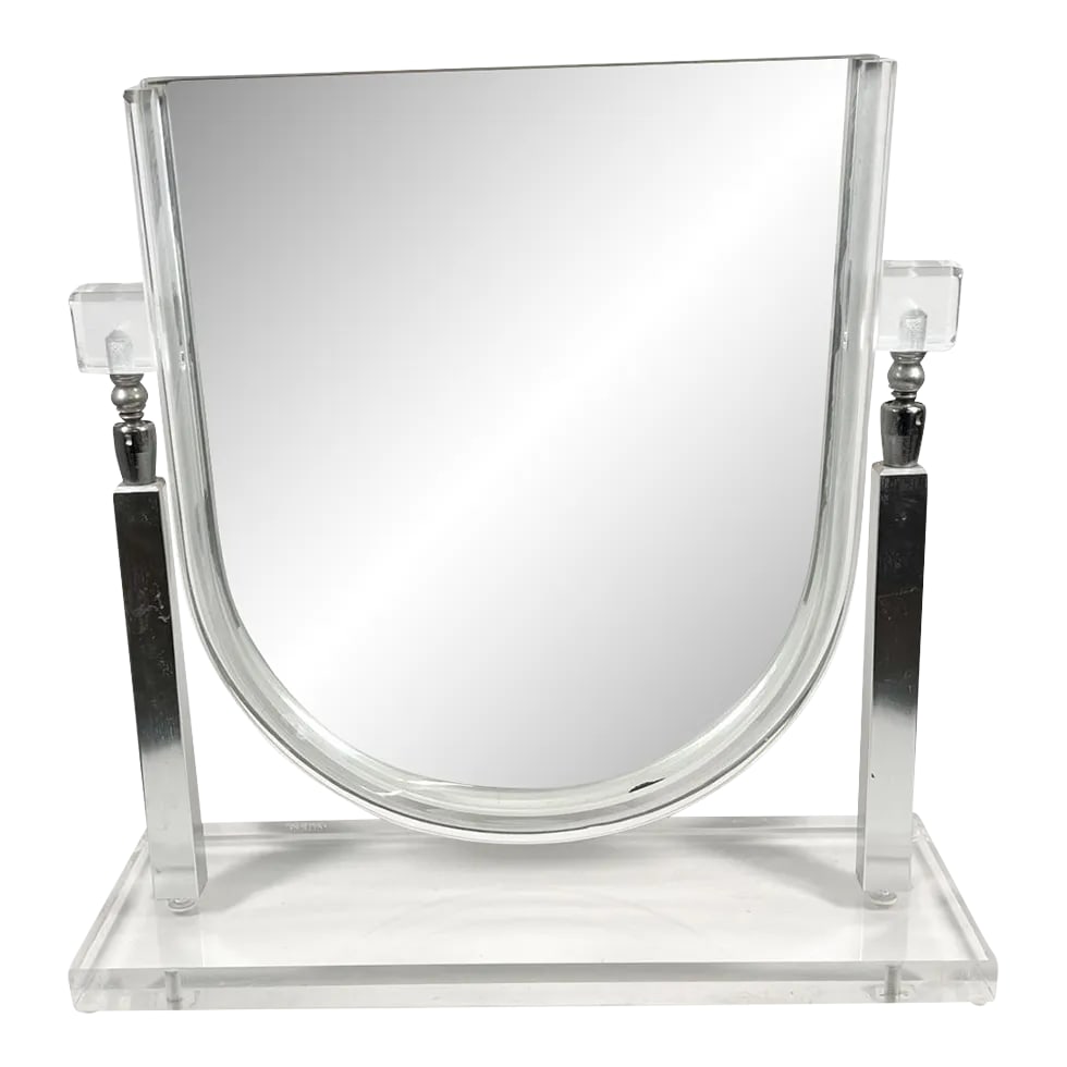 1970s Style Charles Hollis Jones Table Vanity Mirror Lucite & Chrome: AMBIANIC presents 1970s Modernist Lucite Chrome Vanity Table Mirror in the style of Charles Hollis Jones 14tall x 14 w x 5 d Preowned original vintage condition. See images provided please. Condition: