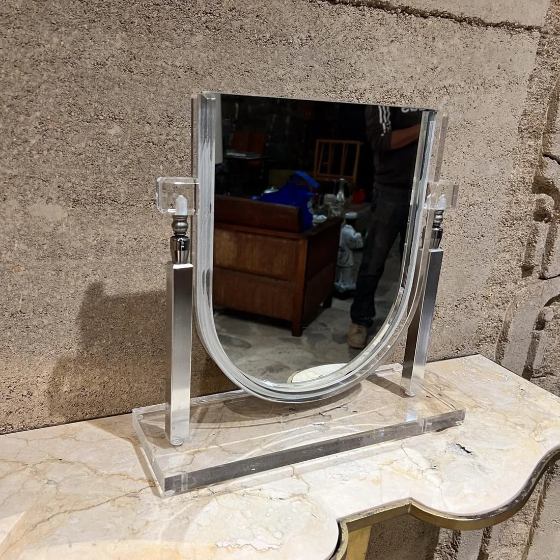 1970s Style Charles Hollis Jones Table Vanity Mirror Lucite & Chrome - 9