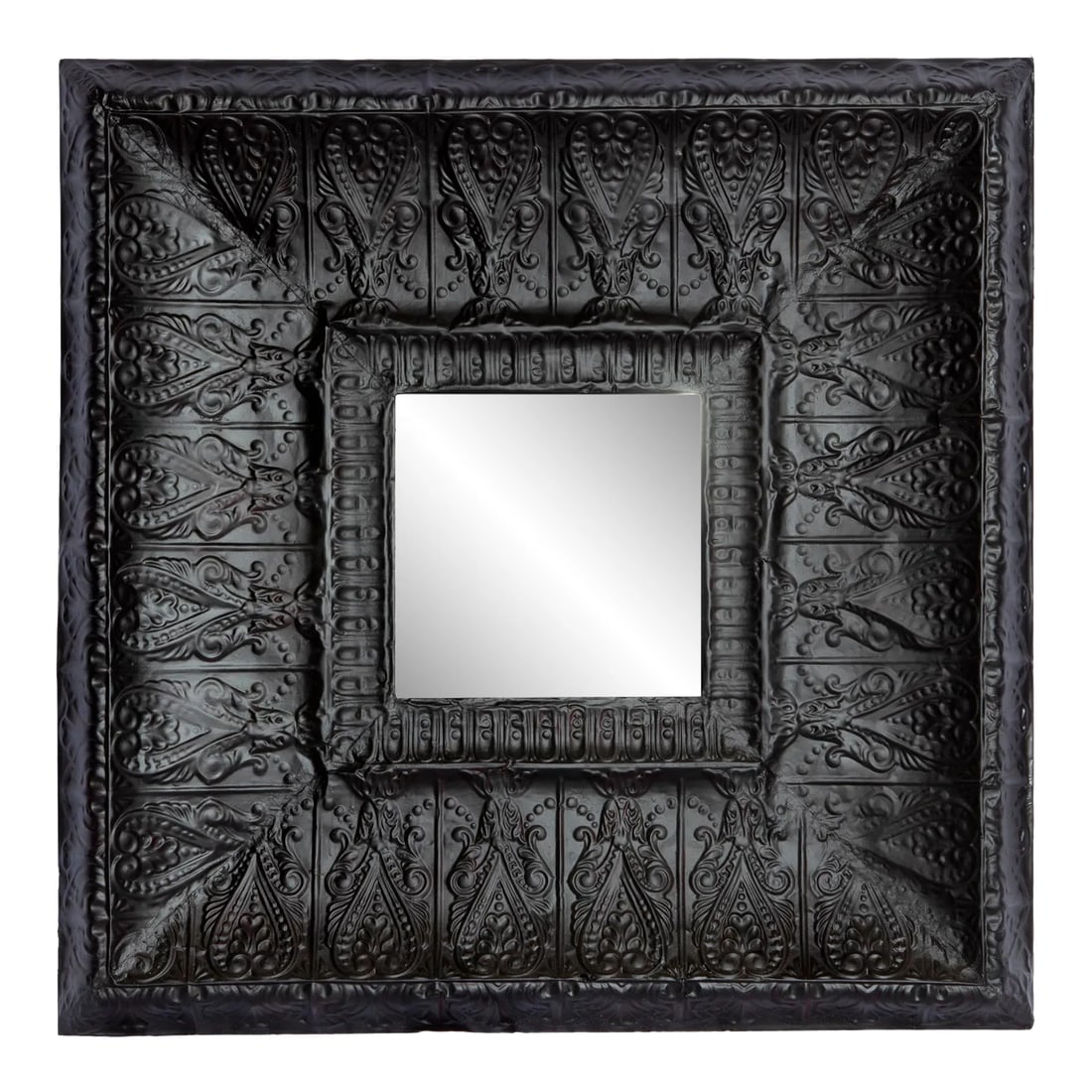 Antique Ceiling Tin Mirror: Original Antique Tin Ceiling Tiles from circa 1900 and repurposed into one of a kind Large Scale Mirror Frame by "Olde Good Things" and signed. It commands in Matte Black paint with original texture o
